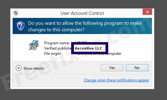Screenshot where Ascentive LLC appears as the verified publisher in the UAC dialog